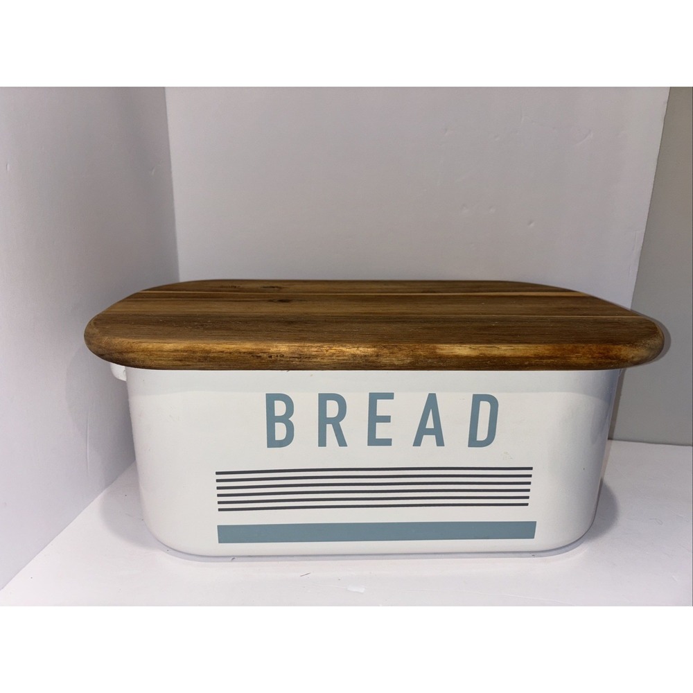 Jamie Oliver Beautiful Bread Box Metal Enamel Wear Wooden Lid Kitchen Storage